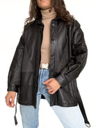 Vintage black belted leather jacket view 2
