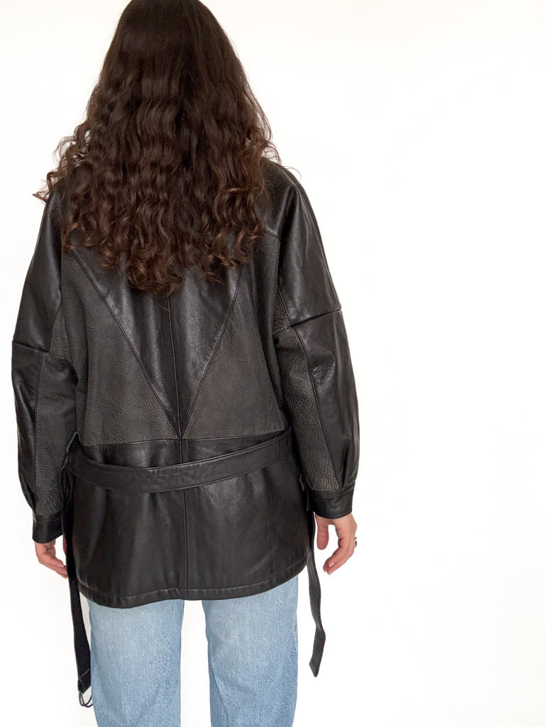 Vintage black belted leather jacket view 5