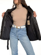 Vintage black belted leather jacket view 8