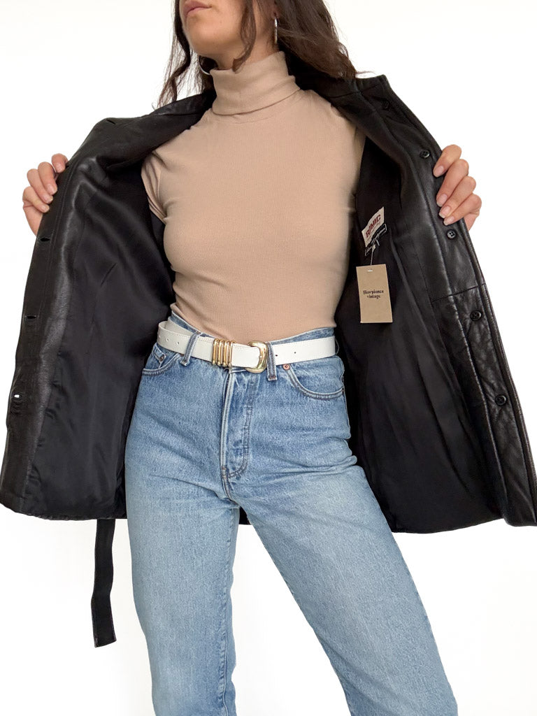 Vintage black belted leather jacket view 8