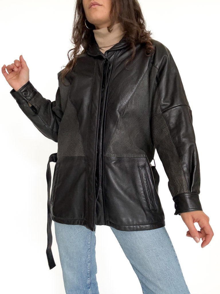Vintage black belted leather jacket view 9