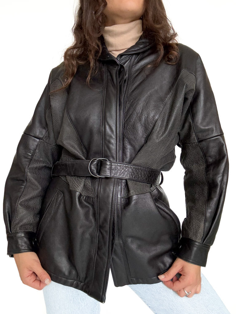 Vintage black belted leather jacket view 11