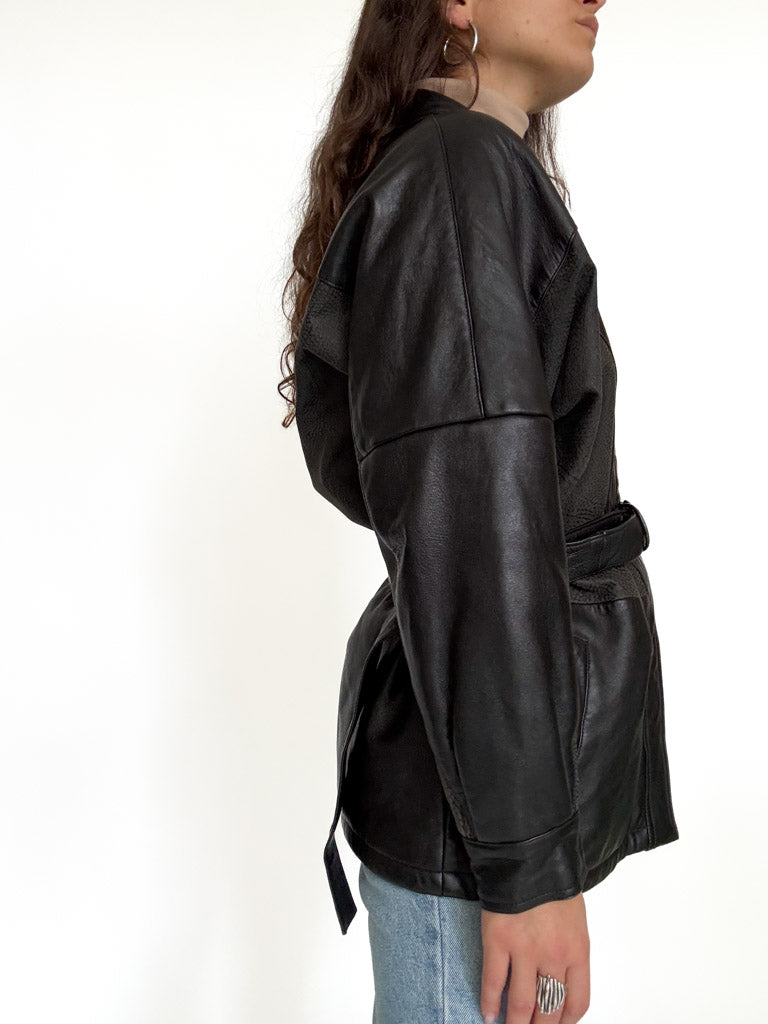 Vintage black belted leather jacket view 14
