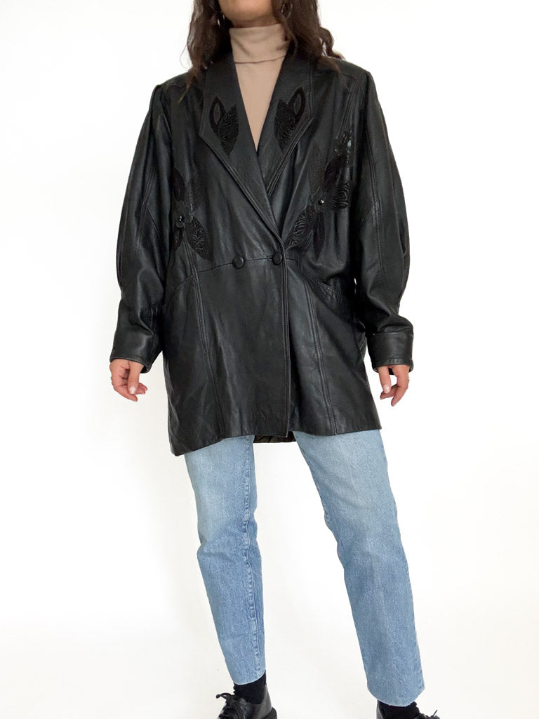 Vintage black leather oversized blazer detail 29