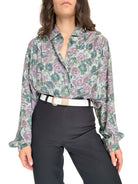 Forest green purple floral shirt detail