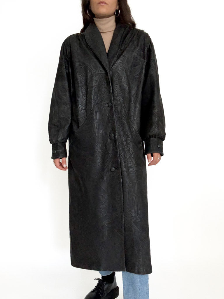 Vintage patterned black leather coat view 41