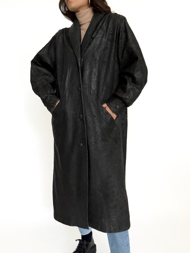 Vintage patterned black leather coat view 42