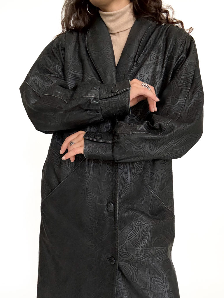 Vintage patterned black leather coat view 43