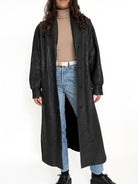 Vintage 80's Black Leather Long Patterned Coat front view