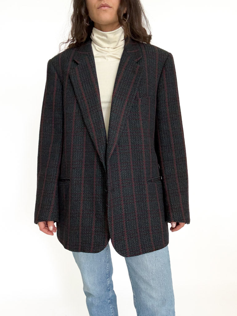 Vintage 90's Dark Grey Wool Plaid Blazer front view