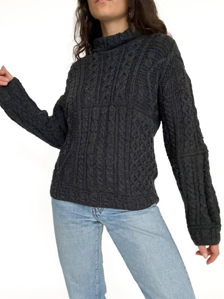 Vintage 90's Charcoal Merino Wool Cable Knit Pullover front view