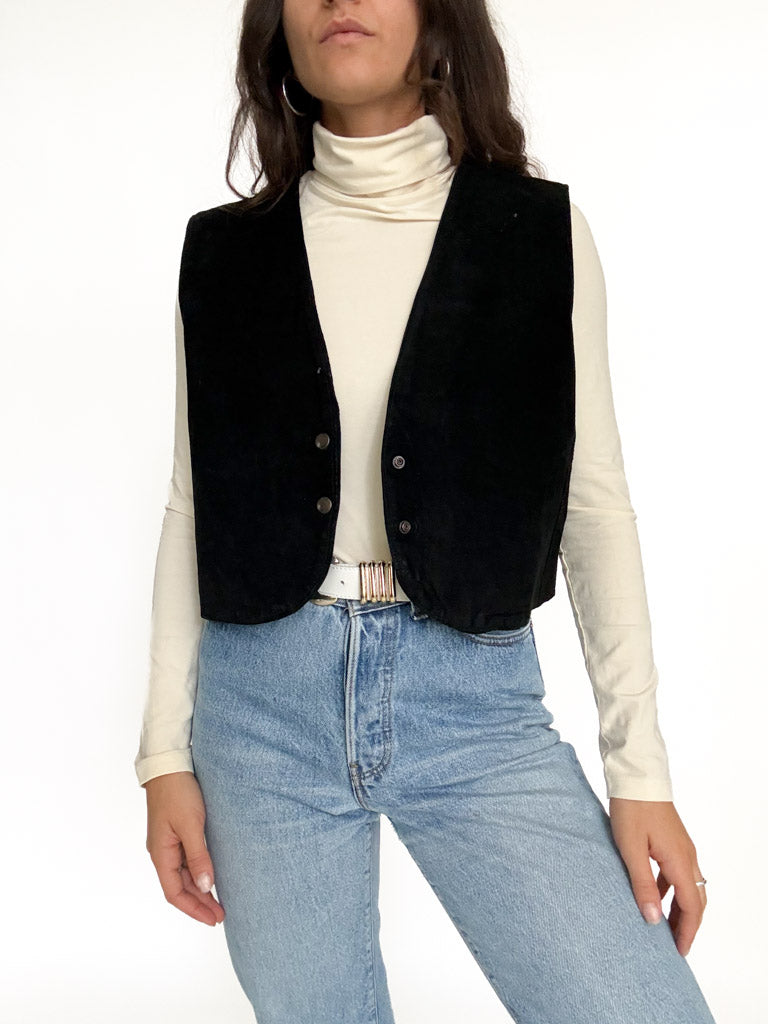 Vintage 90's Black Suede Cropped Vest front view