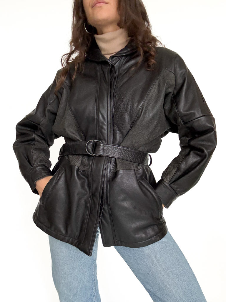 Vintage black belted leather jacket view 10
