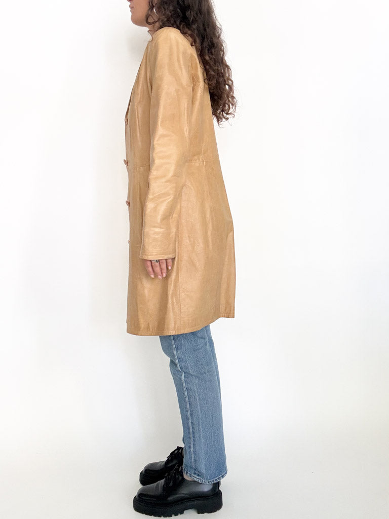 Vintage 90s camel leather long coat side view