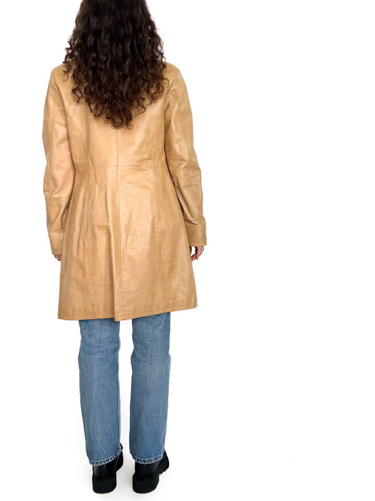 Vintage 90s camel leather long coat back view