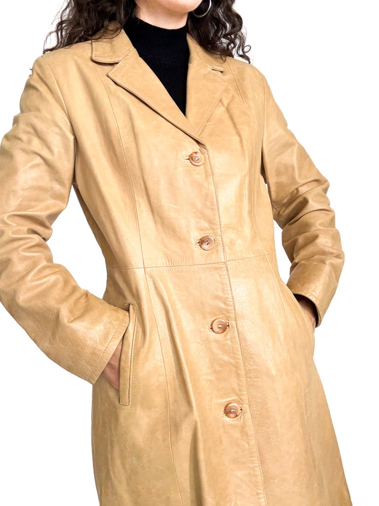 Vintage 90s camel leather long coat leather and button detail