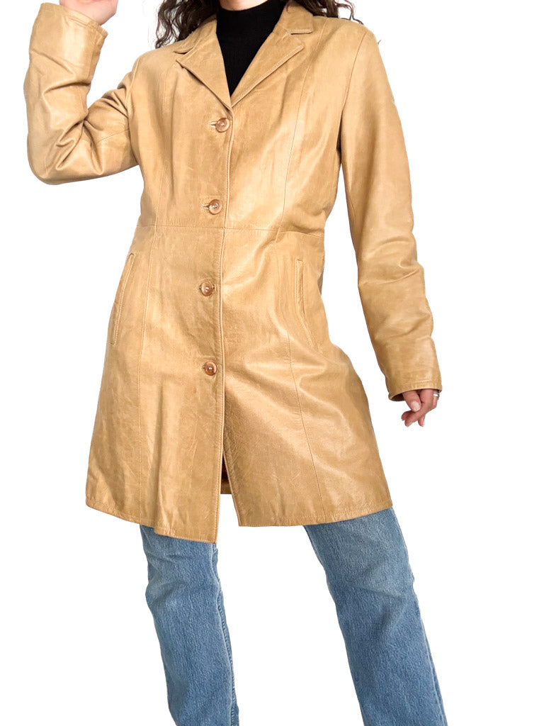 Vintage 90s camel leather long coat front styling view
