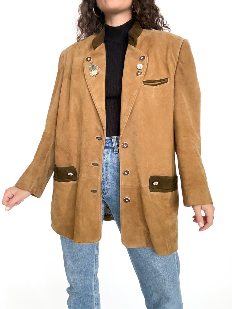Vintage 90s camel suede embroidered blazer jacket