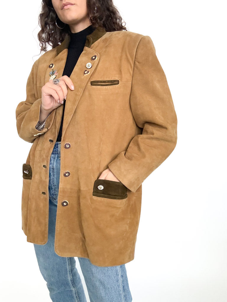Vintage 90s camel suede embroidered blazer jacket
