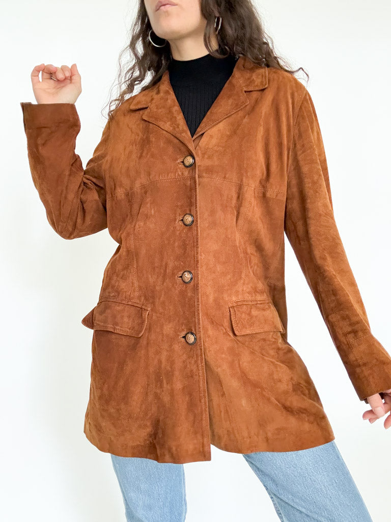 Vintage 90’s Cognac Suede Longline Jacket - front view