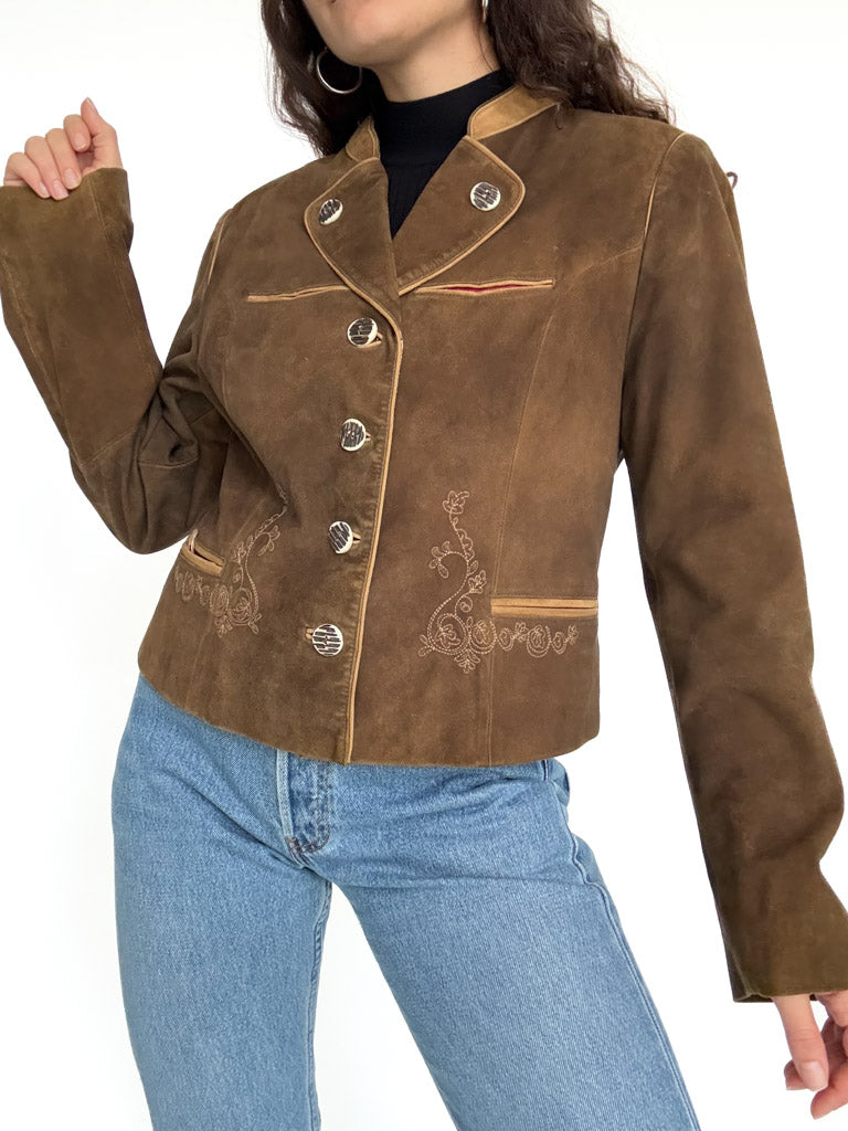 Vintage 80’s/90’s Olive Brown Suede Embroidered Jacket - front view