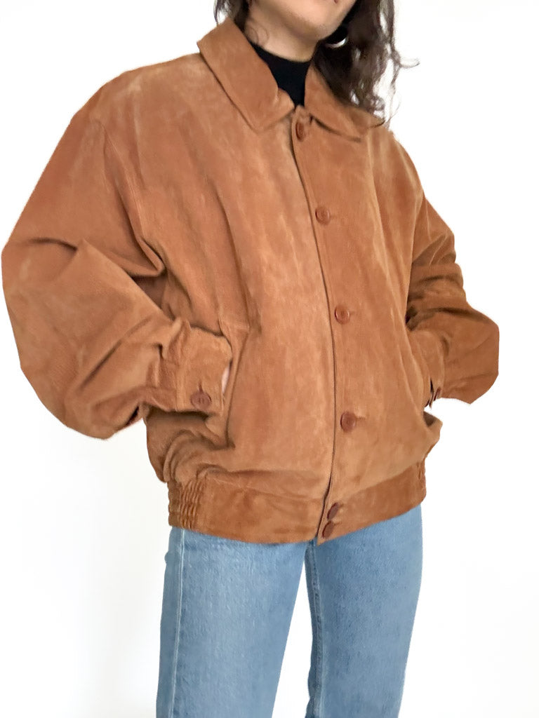 Vintage 80’s/90’s Cognac Suede Oversize Bomber Jacket - front view