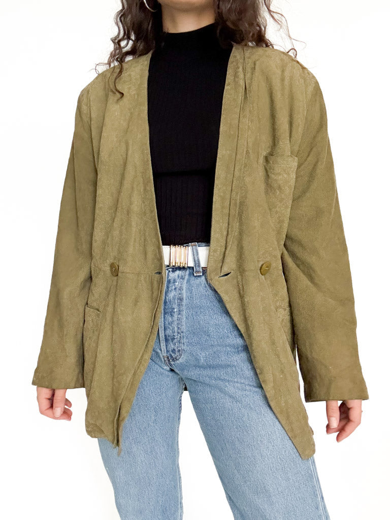 Vintage 90’s Olive Green Suede Floral Blazer Jacket - detail 5