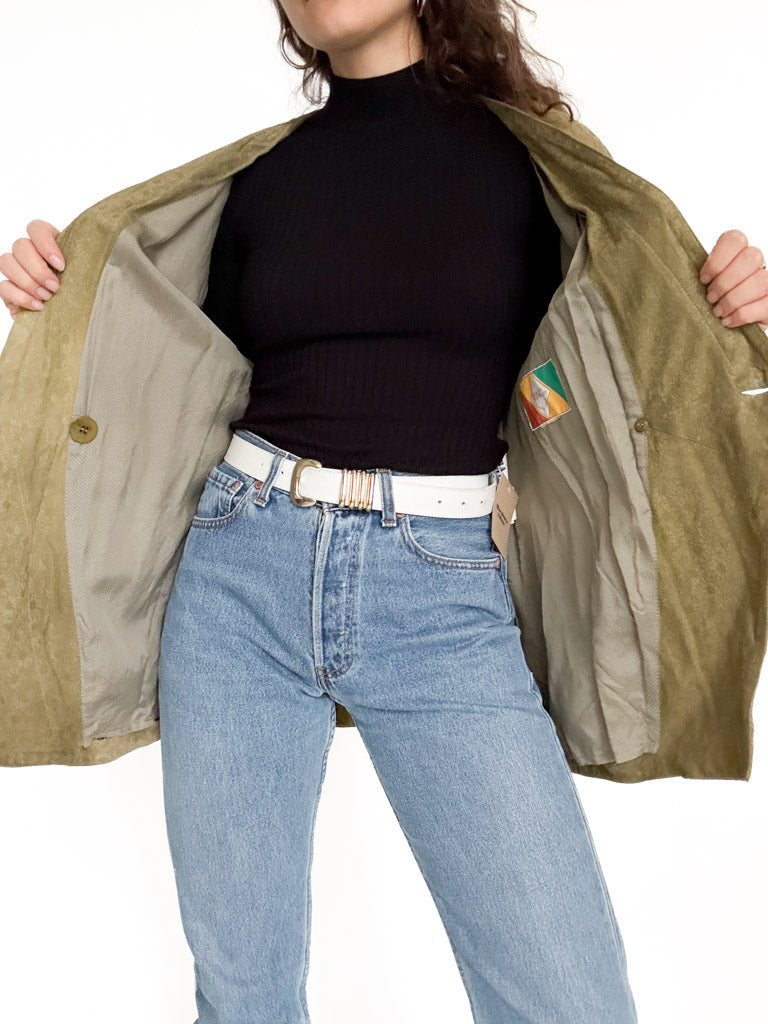 Vintage 90’s Olive Green Suede Floral Blazer Jacket - detail 14