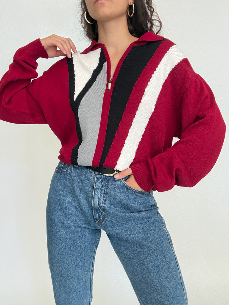 Vintage 80's burgundy graphic zip pullover – view 10