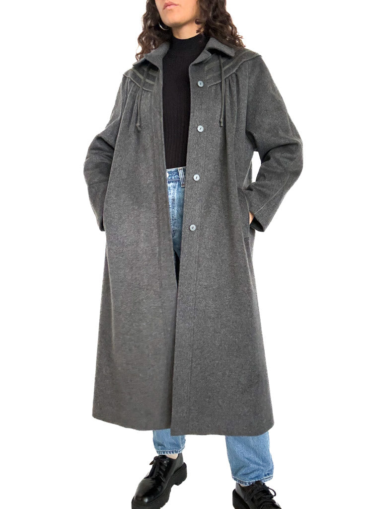 Vintage 70s grey wool long coat front angle